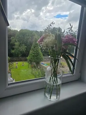 a vase filled with flowers sitting on a window sill at Castleblair Snug - Entire Flat in Dunfermline in Dunfermline