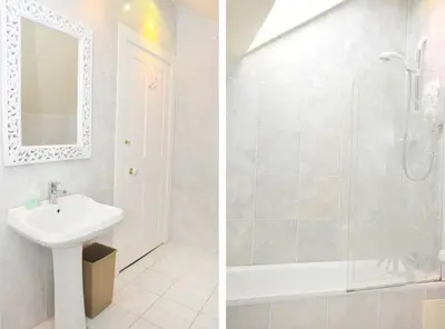 two images of a bathroom with a sink and a shower at 2 Chester St in Edinburgh