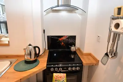 a small kitchen with a stove and a sink at Kames View Apartment in Tighnabruaich