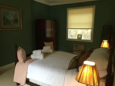 a bedroom with two beds with green walls and two lamps at Viking Cottage in Arrochar