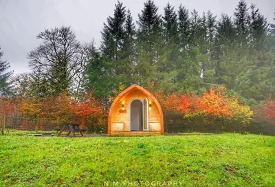a small wooden chapel in a field with trees at Luxury Rural Ayrshire Glamping Pod in Dalmellington