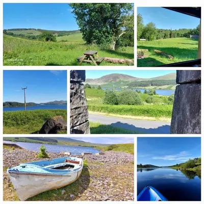 a collage of pictures with a boat and a picnic table at Luxury Rural Ayrshire Glamping Pod in Dalmellington