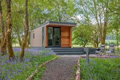 a tiny house in the woods with purple flowers at Ewe pod, luxury glamping pod with hot tub, Croft4glamping in Benderloch