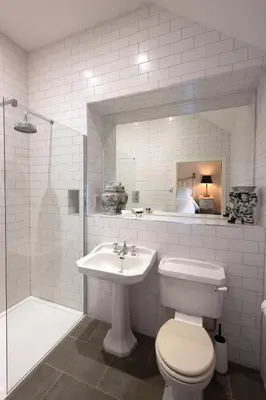 a bathroom with a toilet and a sink and a shower at Stables Cottage in Perth