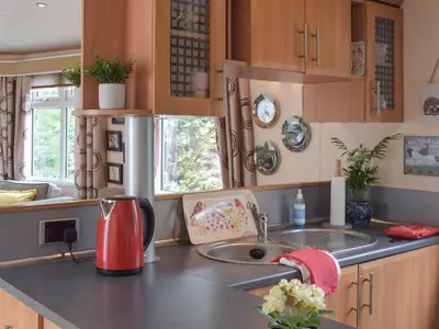 a kitchen with a sink and a counter top at Tranquillity Lodge in Annbank