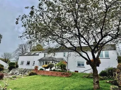 a white house with a tree in the yard at AIRDSIDE COTTAGE in Castle Douglas