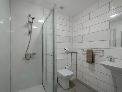 a bathroom with a shower and a toilet and a sink at Westertonhill Lodges - Private Hot Tub Hire Available in Balloch