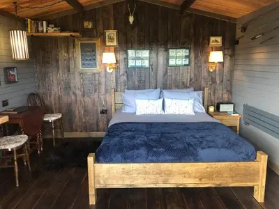 a bedroom with a bed in a room with wooden walls at 1 Bed Cabin in the Magical Galloway Forest Park in Newton Stewart