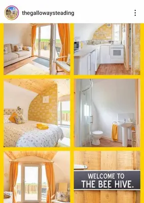 a collage of pictures of a bedroom and a bathroom at The Galloway Steading- The Bee Hive Couples Retreat with Hot Tub and Fire Pit in Glenluce