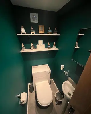 a green bathroom with a toilet and a sink at The Mail Barn in Lamlash
