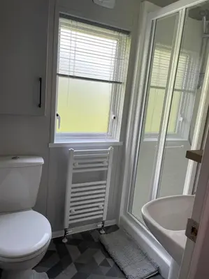 a bathroom with a toilet and a sink and a window at The Astoria 41 in Dunoon