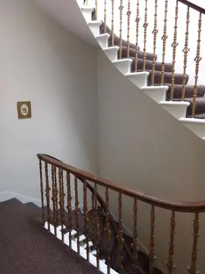 a staircase with white walls and brown carpet at The Braveheart House in Edinburgh
