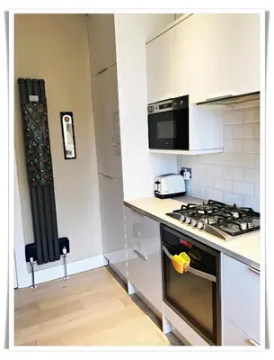 a kitchen with a stove and a microwave at Spacious and modern 2 bedroom flat near the City Centre in Edinburgh