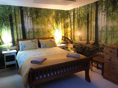 a bedroom with a large bed with a forest wallpaper at Heron’s View in Arrochar