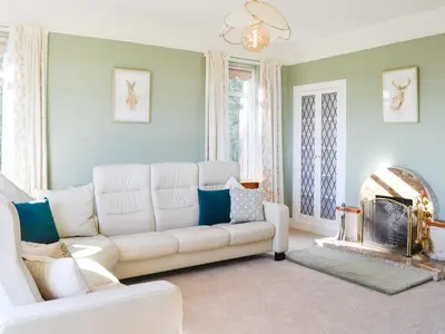 a living room with a white couch and a fireplace at Cairncroft Cottage in Colfin