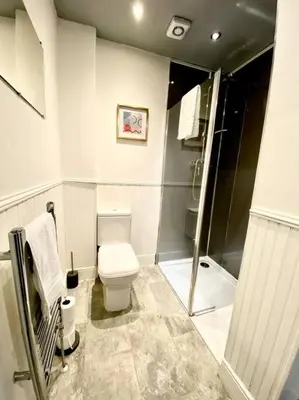 a small bathroom with a toilet and a shower at Historic 2-Bed Paisley Retreat, Airport & Station in Paisley