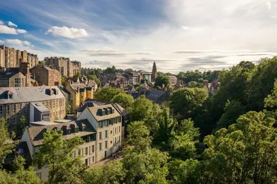 an aerial view of a city with buildings at Dean Village Hideaway by Calton Living in Edinburgh