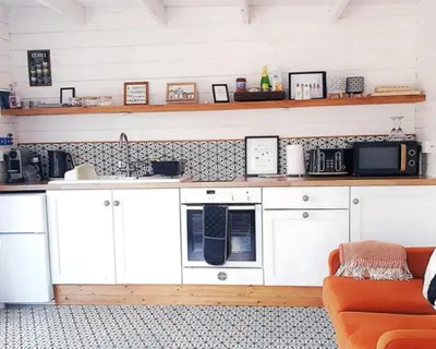 a kitchen with white cabinets and a microwave at Romantic Rural Lodge - Private Outdoor Kitchen & Cosy Covered Lounge - Perth and Kinross - Hot Tub not included in Crook of Devon