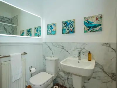 a bathroom with a white toilet and a sink at Kringlands in Stranraer