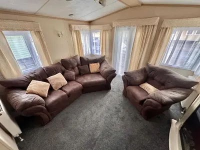 a living room with a couch and two couches at 2 Bedroom Caravan Located in Uddingston, Glasgow at Maryville Caravan Site in Uddingston