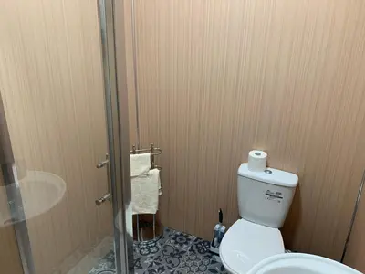 a bathroom with a toilet and a glass shower stall at Nelson st (ANNAN) in Largs