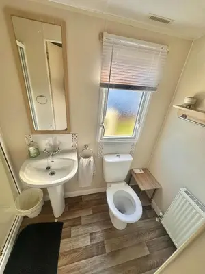 a bathroom with a toilet and a sink and a mirror at Two Bedroom Willerby Caravan Located in Uddingston, Glasgow at Maryville Caravan Site in Uddingston