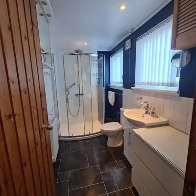 a bathroom with a shower and a sink and a toilet at Ardura Apartment No 1 in Oban