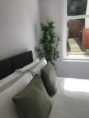 a living room with a couch and a potted plant at 1Bed Golfhill Cottage in Dunblane