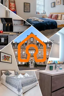 a collage of four pictures of a room with a bed at Unique Two Bed Holiday Home in Edinburgh in Edinburgh
