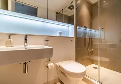 a bathroom with a toilet and a sink and a shower at Simpsons Loan - 428 in Edinburgh