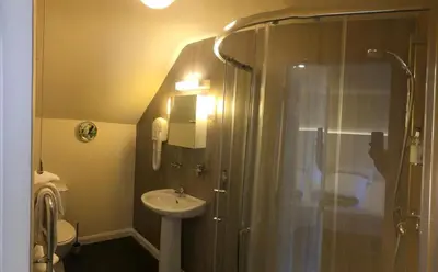 a bathroom with a shower and a sink and a toilet at Lategillan Cottage in Polmood
