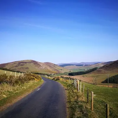 a road in the middle of a field with a fence at Lategillan Cottage in Polmood