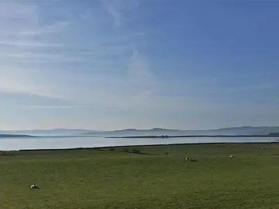 a field with animals grazing in the grass next to a body of water at The Coach House at Stewart Hall in Rothesay