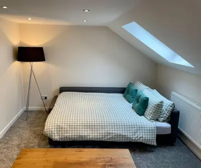 a bedroom with a bed and a skylight at Vennel Street Apartments in Stewarton