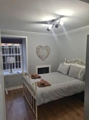 a bedroom with a bed with a ceiling fan at Lovely 2 Bedroom Garden Flat in trendy West End in Glasgow