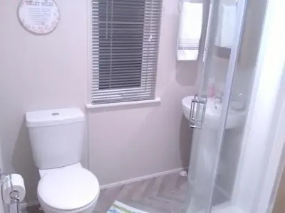 a white bathroom with a toilet and a shower at Turnberry lodge in Girvan