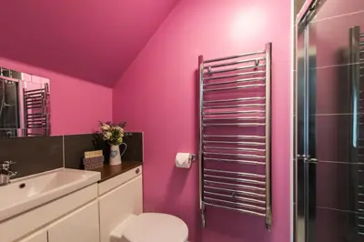 a bathroom with pink walls and a toilet and a shower at The Old Byre with Hot Tub in Forgandenny