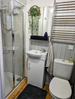 a bathroom with a shower and a toilet and a sink at The Best Moments Start Here in Corrie