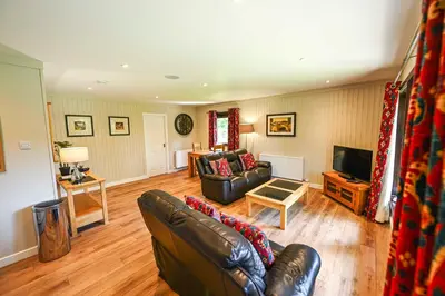a living room with a couch and a television at Bluebell Lodge 2 with Hot Tub in Newton Stewart