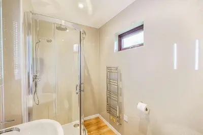 a bathroom with a shower and a toilet and a sink at Bluebell Lodge 4 with Hot Tub in Newton Stewart