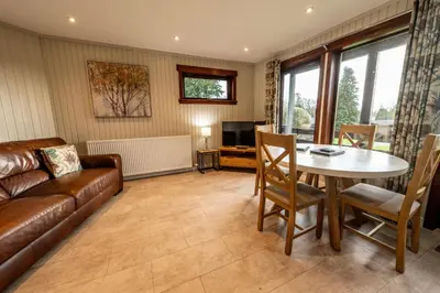 a living room with a couch and a table at Birch Lodge 20 with Hot Tub in Newton Stewart