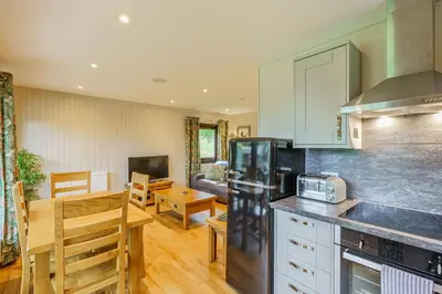 a kitchen and living room with a table and a counter at Birch Lodge 21 with Hot Tub in Newton Stewart