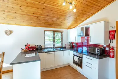 a kitchen with white cabinets and a wooden ceiling at Laurel Lodge 6 with Hot Tub in Newton Stewart