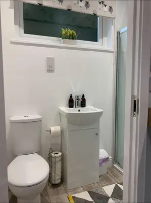 a bathroom with a toilet and a sink and a window at Cruachan Cabin in Oban