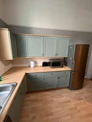 a kitchen with green cabinets and a stainless steel refrigerator at Sauchiehall Street West End Apartment in Glasgow