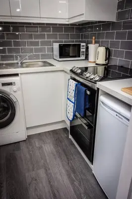 a kitchen with a stove top oven and a microwave at Modern bright studio apartment in south Glasgow in Glasgow