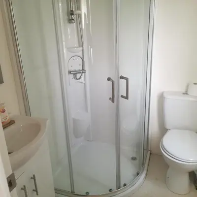 a bathroom with a shower with a toilet and a sink at Homeston Lodge in Drumlemble