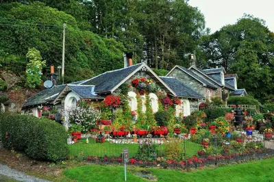 a house with a flower garden in front of it at Historic cottage next to loch lomond Luss in Alexandria