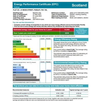 a screenshot of a screenshot of the emergency performance certificate questionnaire at Paisley Pad Glasgow Gateway second floor flat in Paisley