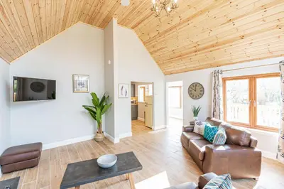 a living room with a couch and a table at Kestrel Lodge 2 with Hot Tub in Newton Stewart